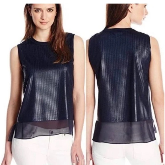 VINCE Mesh Lattice Overlay Silk Lined and Layered Tank Top Sleeveless Sz XS - Picture 1 of 14